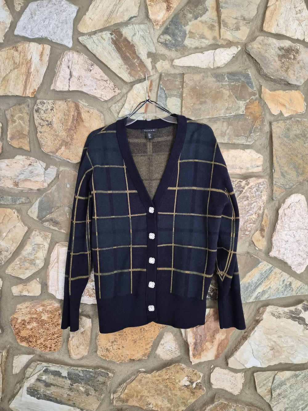 Navy Windowpane V‑Neck Cardigan Sweater Size L